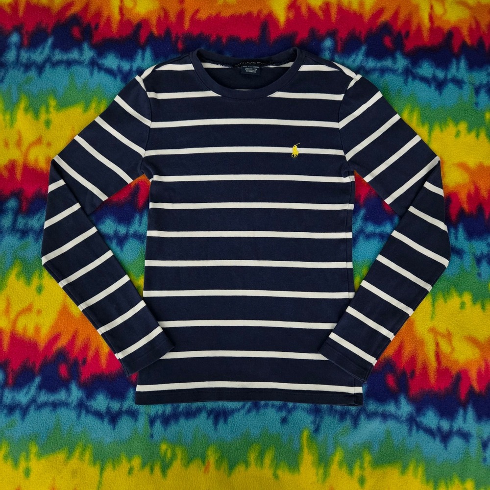 Ralph Lauren Sport Navy White Striped Long Sleeve T-Shirt Yellow Pony Small